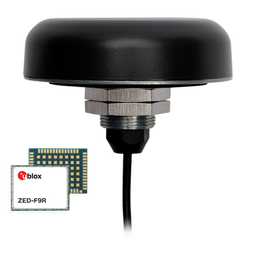 A black, dome-shaped antenna with a cable attached next to a small electronic component labeled "u-blox ZED-F9R.