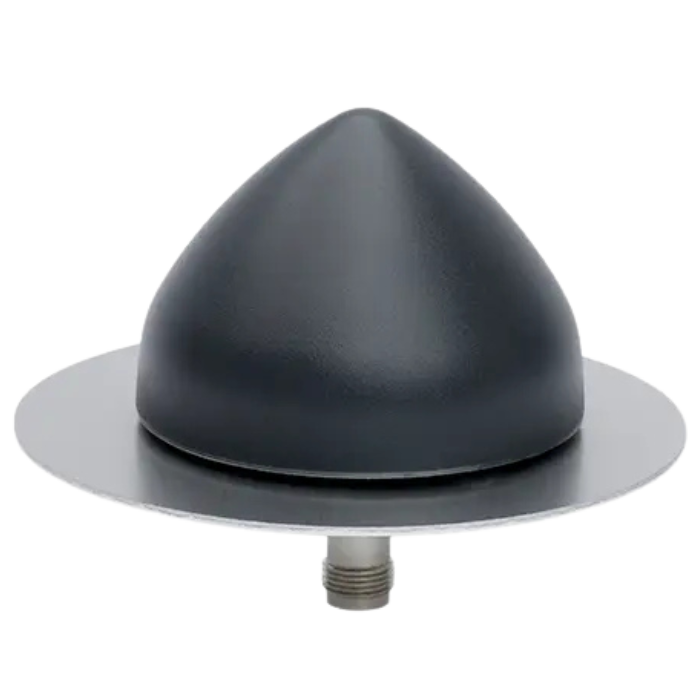 Paratonnerre de toit noir, en forme de dôme, avec une base circulaire et un connecteur fileté à la base.