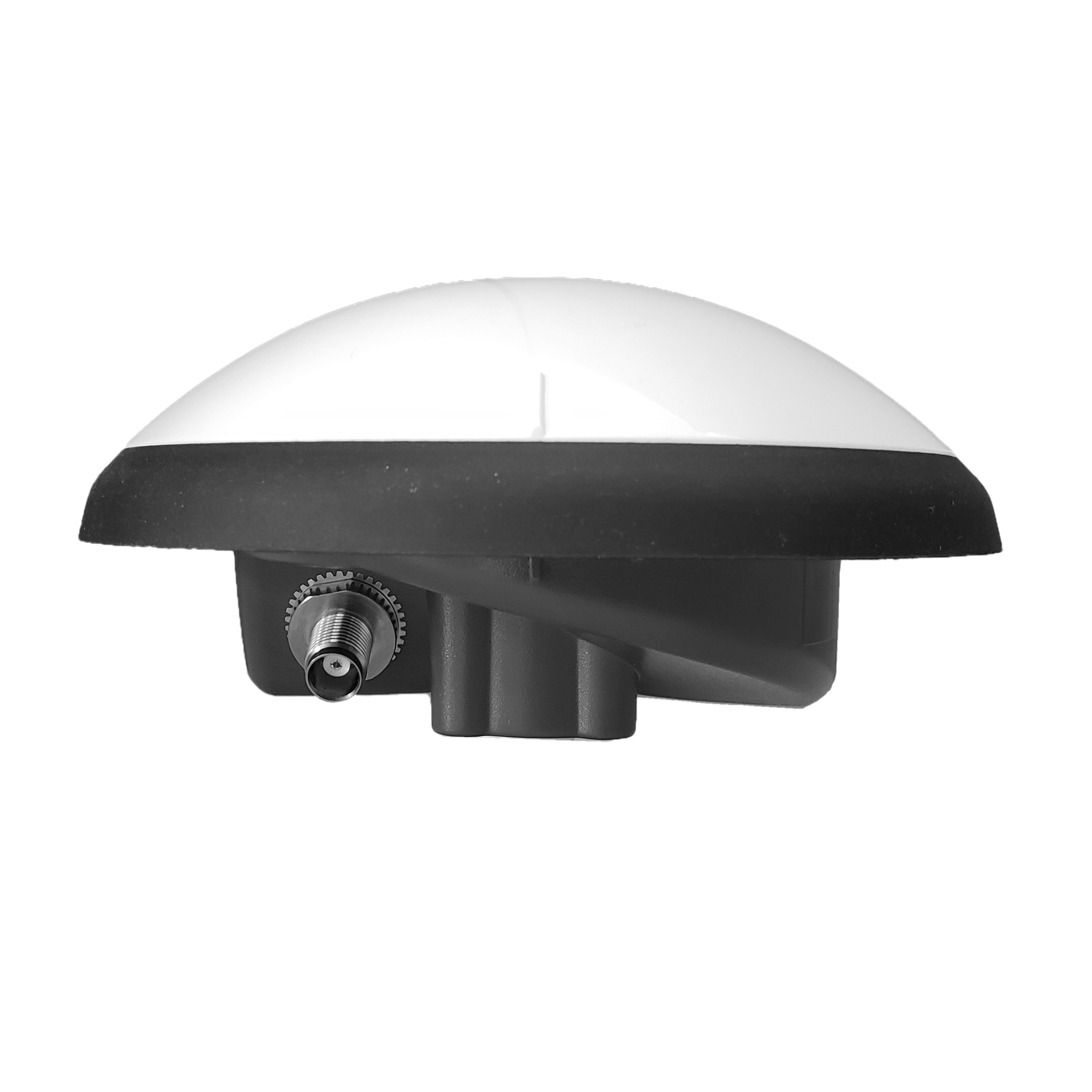 Antenne GPS en forme de dôme avec un sommet blanc, un milieu noir et une base rouge, avec un connecteur coaxial sur le côté, isolée sur un fond blanc.