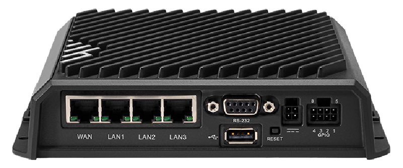 Rear view of a network device showing WAN, three LAN ports, RS-232, USB, reset button, GPIO connector, and vented top cover.