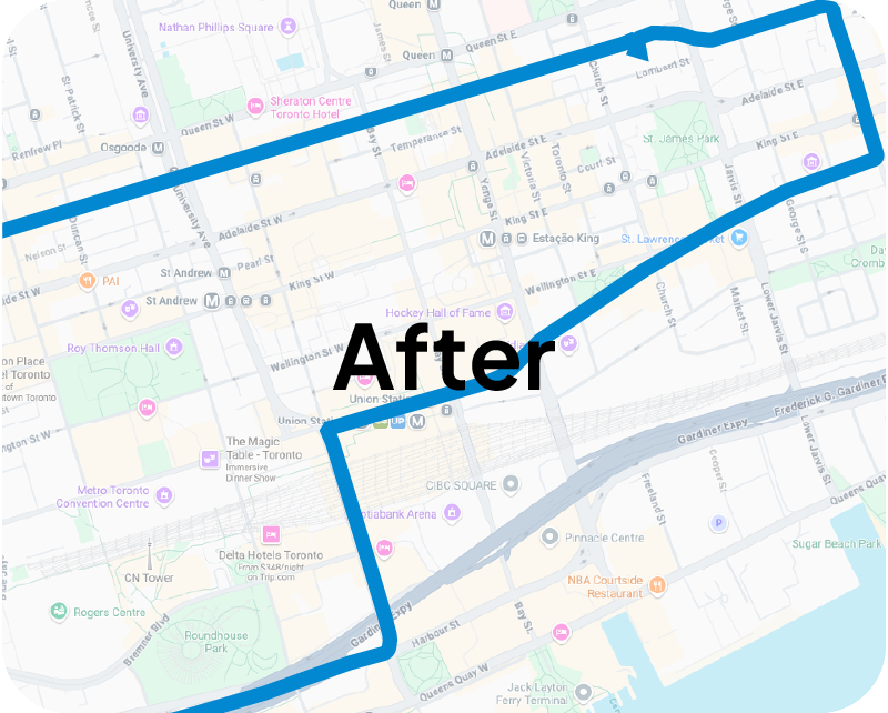 A map of downtown Toronto with a bold blue outlined route and the word “After” in large text over the center.