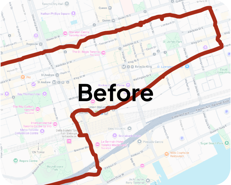 Map section outlined in red with the word “Before” in large text centered over downtown Toronto streets and landmarks.