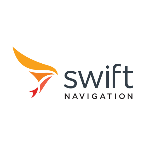 Swift Navigation logo featuring a stylized yellow and red bird head graphic to the left of the company name in gray text on a white background.