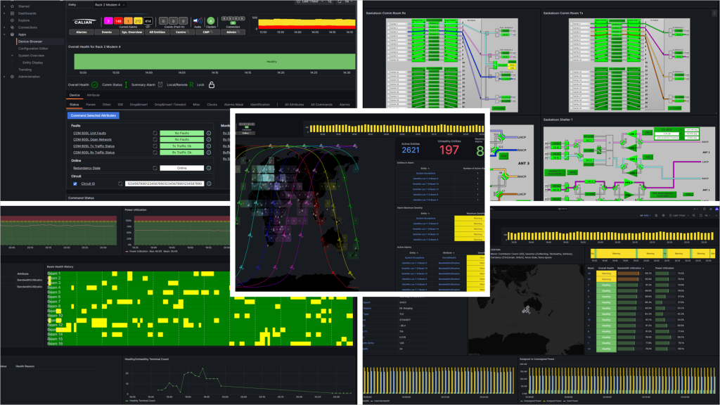 Collage de plusieurs interfaces de tableaux de bord affichant des visualisations de données, des tableaux, des graphiques, des cartes et des diagrammes de flux de travail avec des arrière-plans foncés et des couleurs vertes, jaunes et violettes.