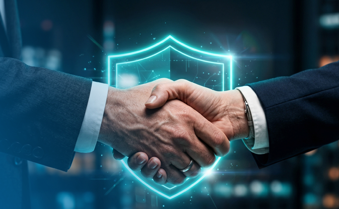Deux personnes en tenue professionnelle se serrant la main, avec en arrière-plan un bouclier numérique lumineux, symbolisant la sécurité ou un accord commercial solide.
