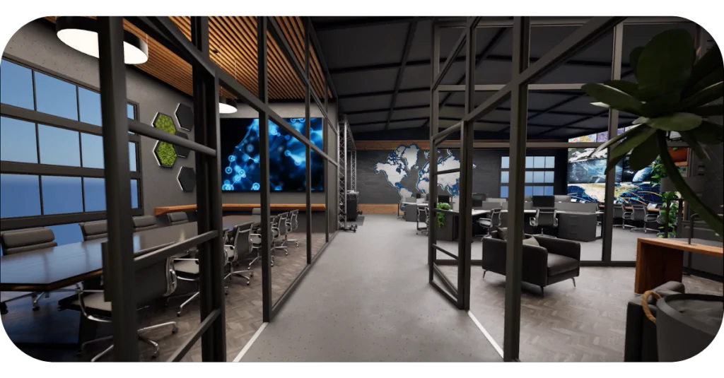 Modern office space with glass-walled conference room on the left, open workspace with desks and chairs on the right, large screens, and a wall map at the back.
