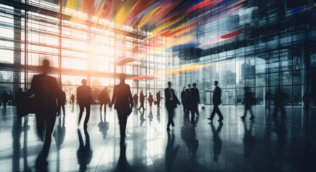 A group of business people walking in an office building.