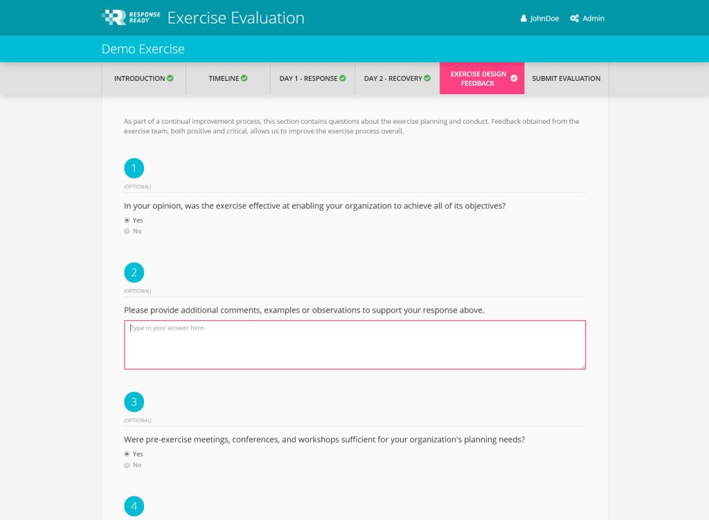 Screenshot of an exercise evaluation form in a web interface, featuring options for feedback on exercise effectiveness and asking for additional comments.