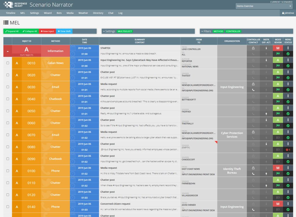 Screenshot of a software interface displaying a scenario narrator tool with various project entries, statuses, and details in a grid layout.