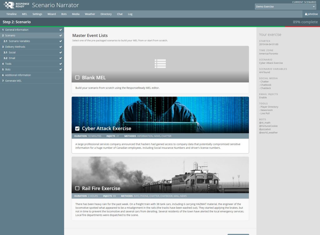 A screenshot of a webpage titled "cyber attack exercise" with a blurred image of a hooded figure and binary code, featuring tabs and text about organizing security measures.