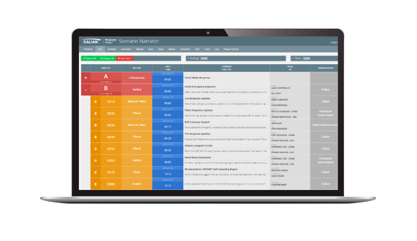 A laptop screen displaying a software interface titled "Scenario Narrator" with various input data, headings, and columns in different colors.