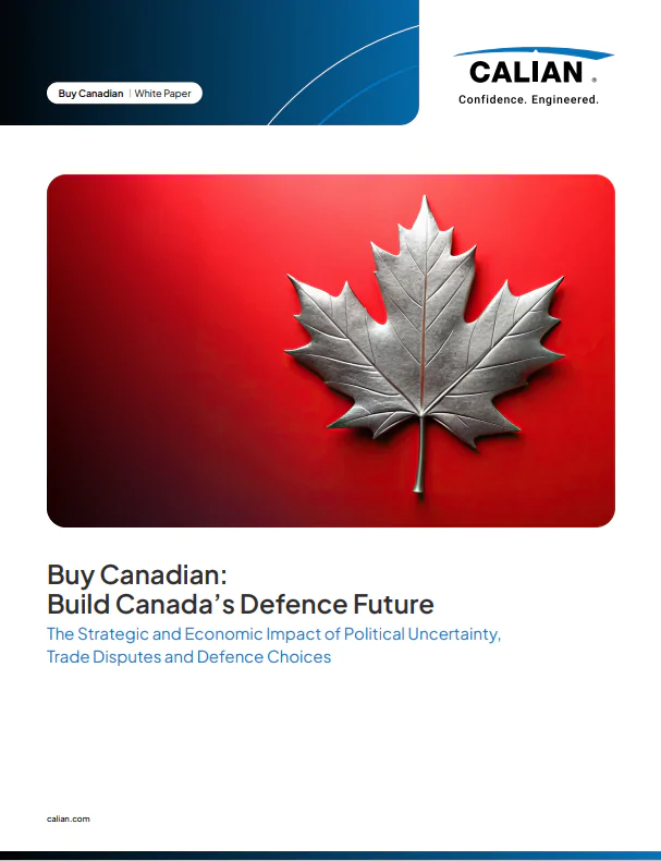 A silver maple leaf on a red background appears above the title “Buy Canadian: Build Canada’s Defence Future” on the cover of a Calian white paper.