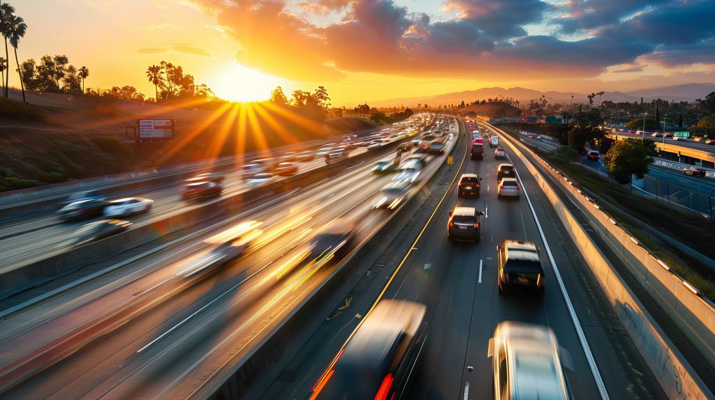 Cars drive along a busy highway at sunset, with blurred motion indicating speed; the sun is low on the horizon, casting an orange glow over the scene.