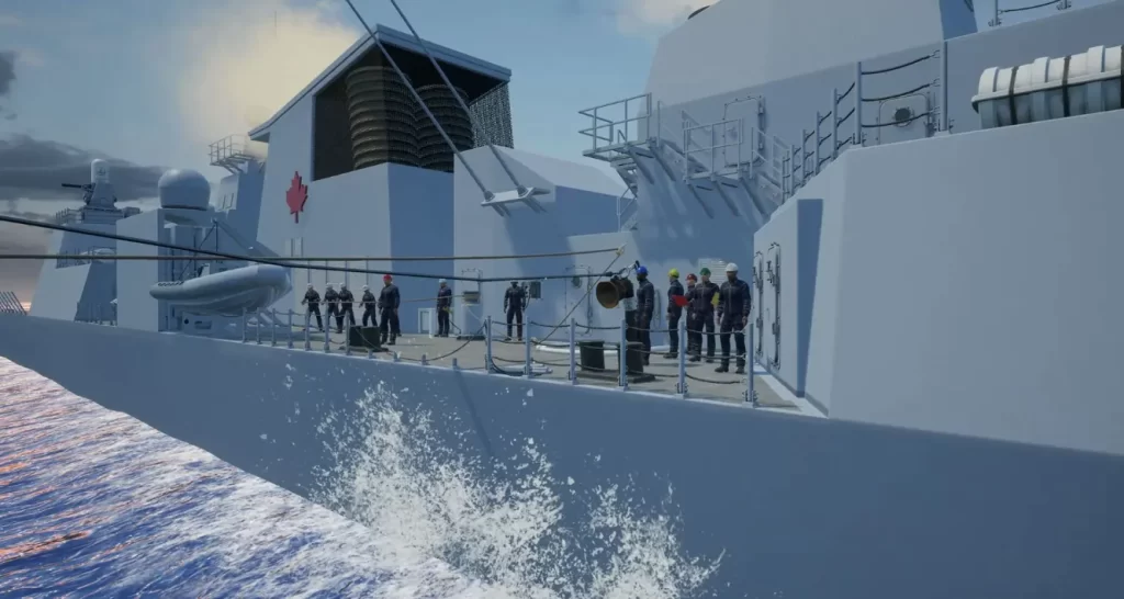 Sailors stand on the deck of a naval ship near the railing, with ocean waves splashing against the side and equipment visible on the deck.