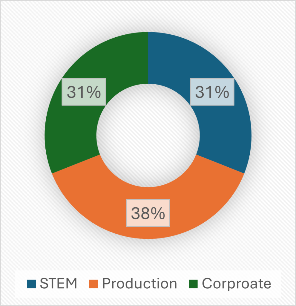 A donut chart showing STEM at 31%, Production at 38%, and Corporate at 31%. Color-coded legend is included.