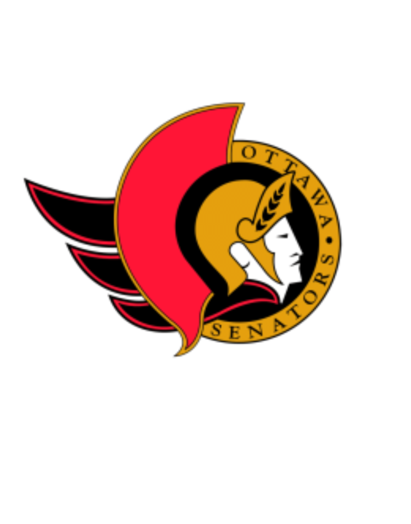 Logo des Sénateurs d'Ottawa représentant un casque de centurion romain stylisé en or, noir et rouge avec le nom de l'équipe dans une bordure circulaire.