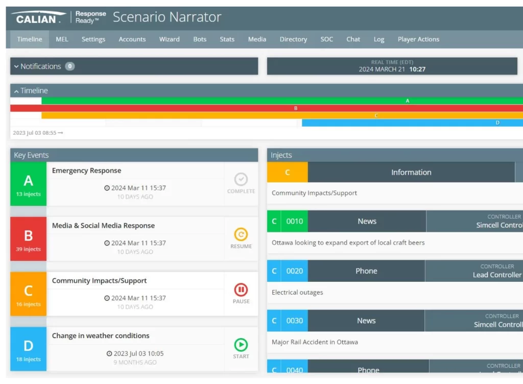 Un tableau de bord numérique affiche la chronologie du scénario, les résumés des événements clés, les injections et les notifications pour l'intervention d'urgence et le suivi de l'impact sur la communauté.
