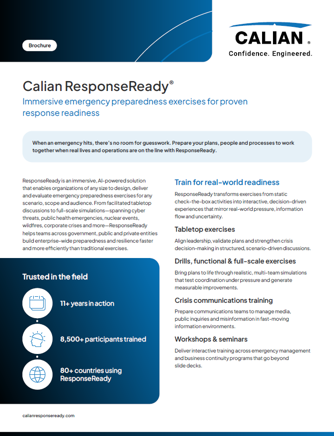 Brochure pour Calian ResponseReady, présentant des exercices immersifs de préparation aux situations d'urgence, les principales caractéristiques et des informations sur les années d'utilisation et le nombre de pays utilisant le service.